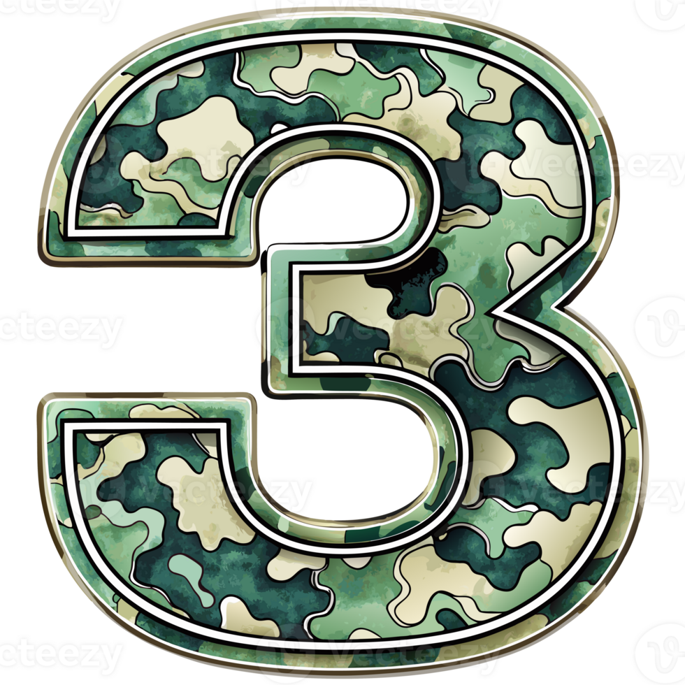 A number 3 is prominently displayed with a camouflage pattern, camouflage features shades of green, tan, and brown, creating a military-inspired look png