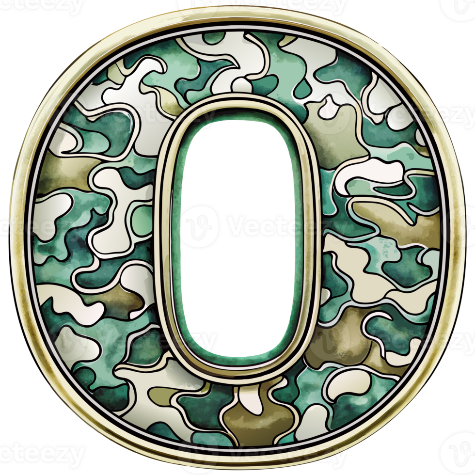 A letter o is prominently displayed with a camouflage pattern, camouflage features shades of green, tan, and brown, creating a military-inspired look. png
