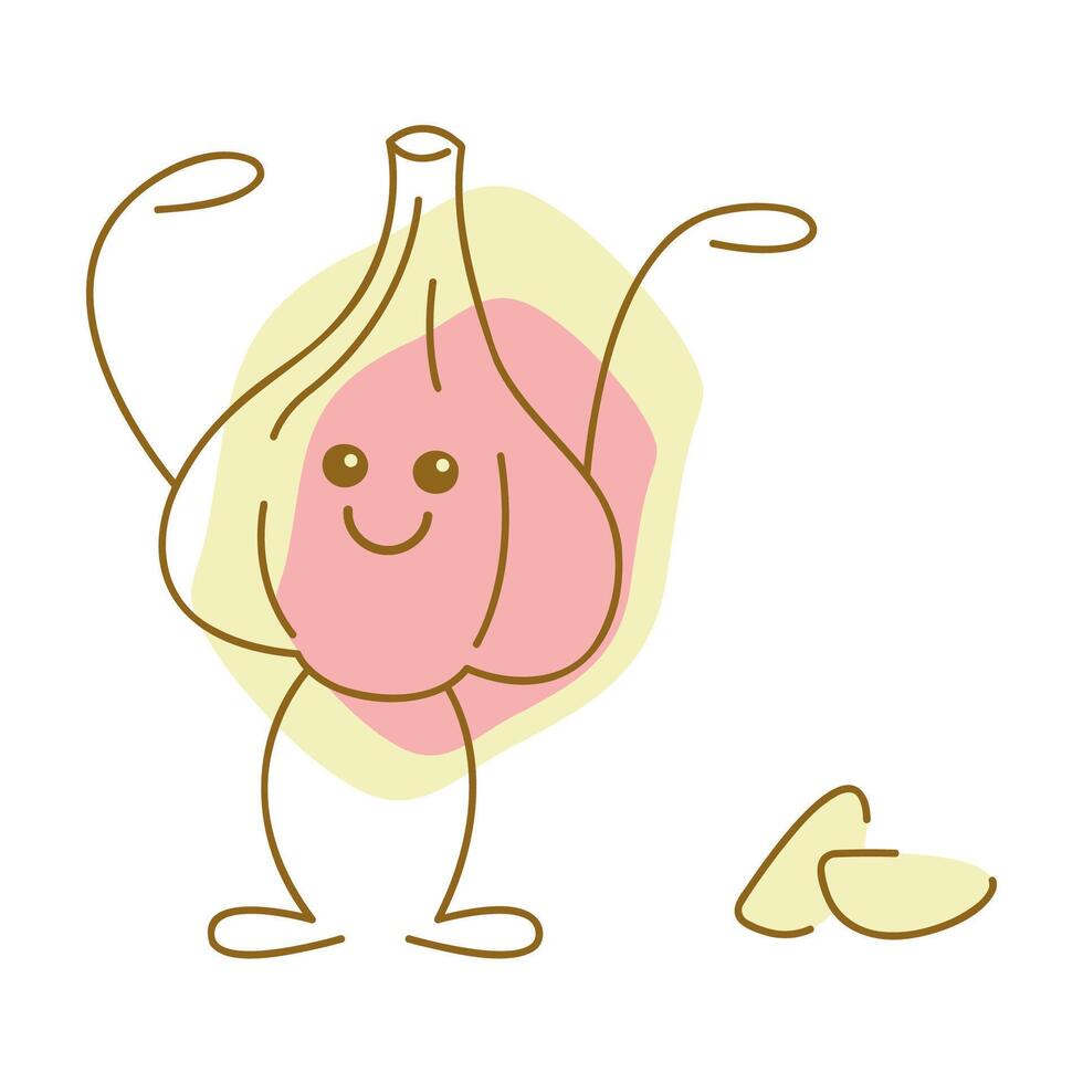 Cute garlic character and garlic cloves. Hand drawn illustration. vector