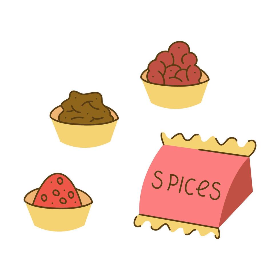 Various spices in bowls and packages. Hand drawn illustration. vector