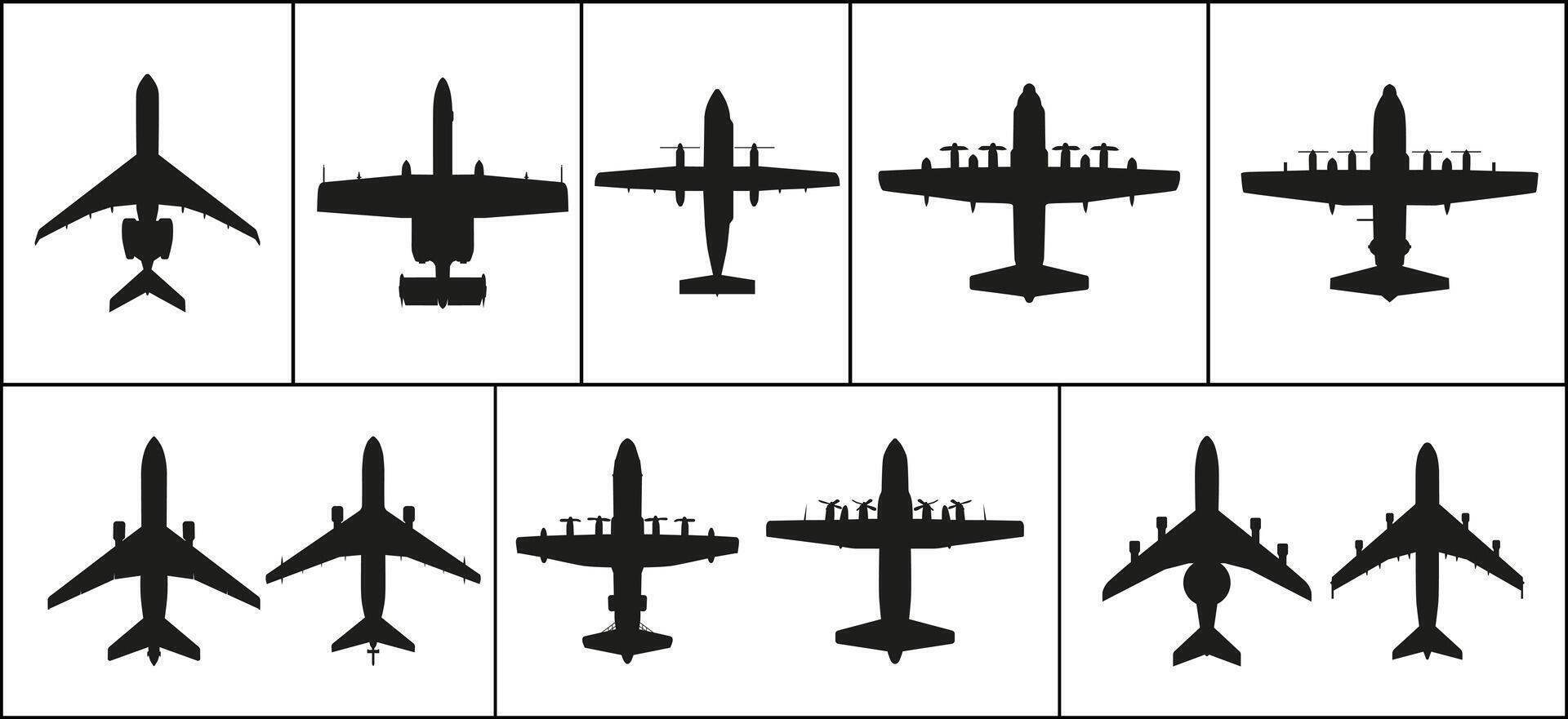 A set of American military aircraft of different types. Dark silhouettes. vector