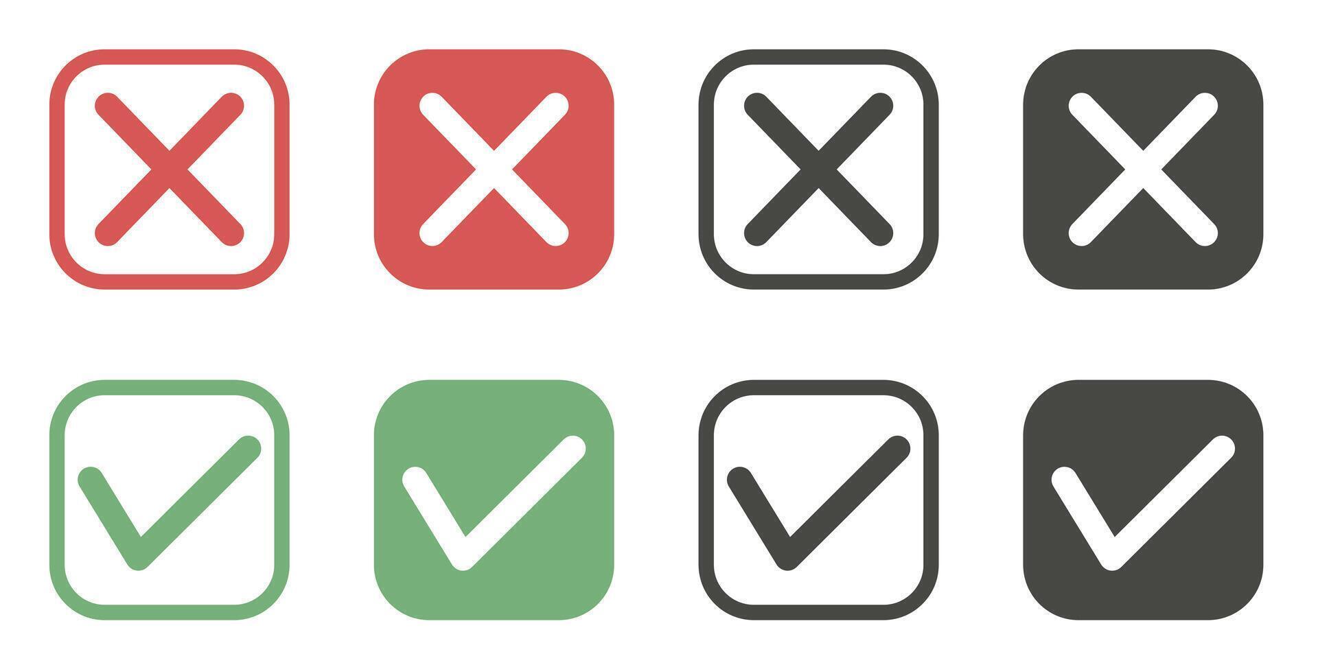 A set of flat ticks and crosses in a square. Square signs and lines of different thickness, green and red. vector