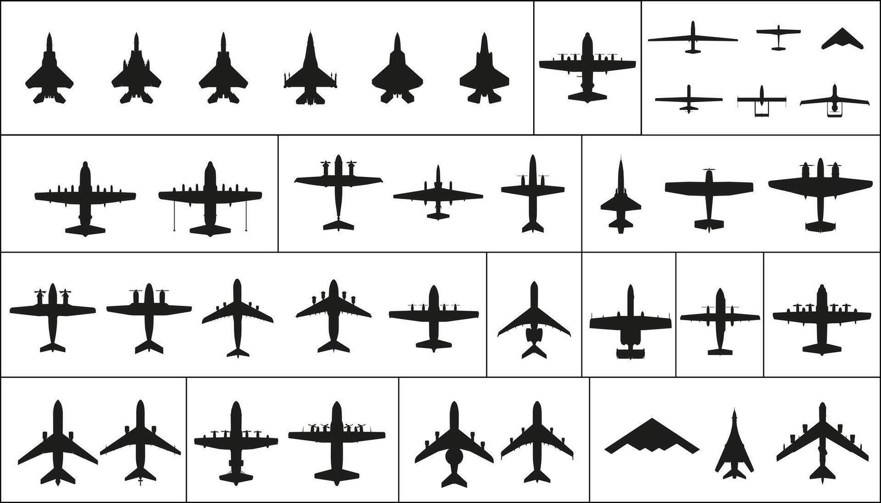 A set of American military aircraft of different types. Black silhouettes. vector
