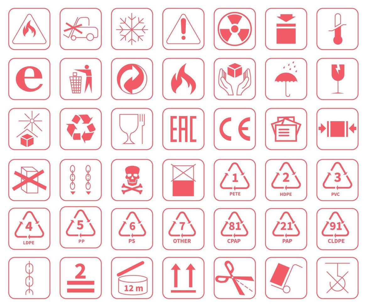 A set of packaging symbols for transportation, storage and product information. Red symbols isolated on white background. vector