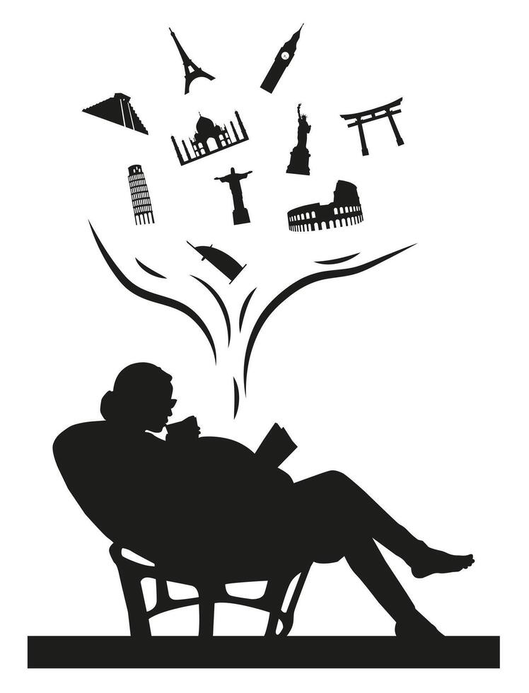 Silhouette of a woman reading about traveling around the world. vector