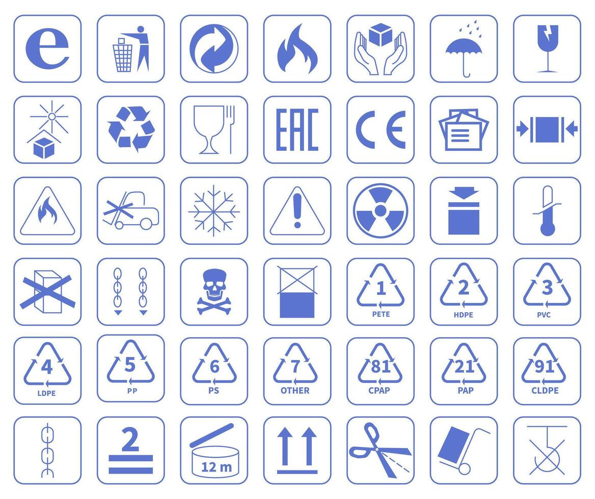 A set of packaging symbols for transportation, storage and product information. Blue symbols isolated on white background. vector