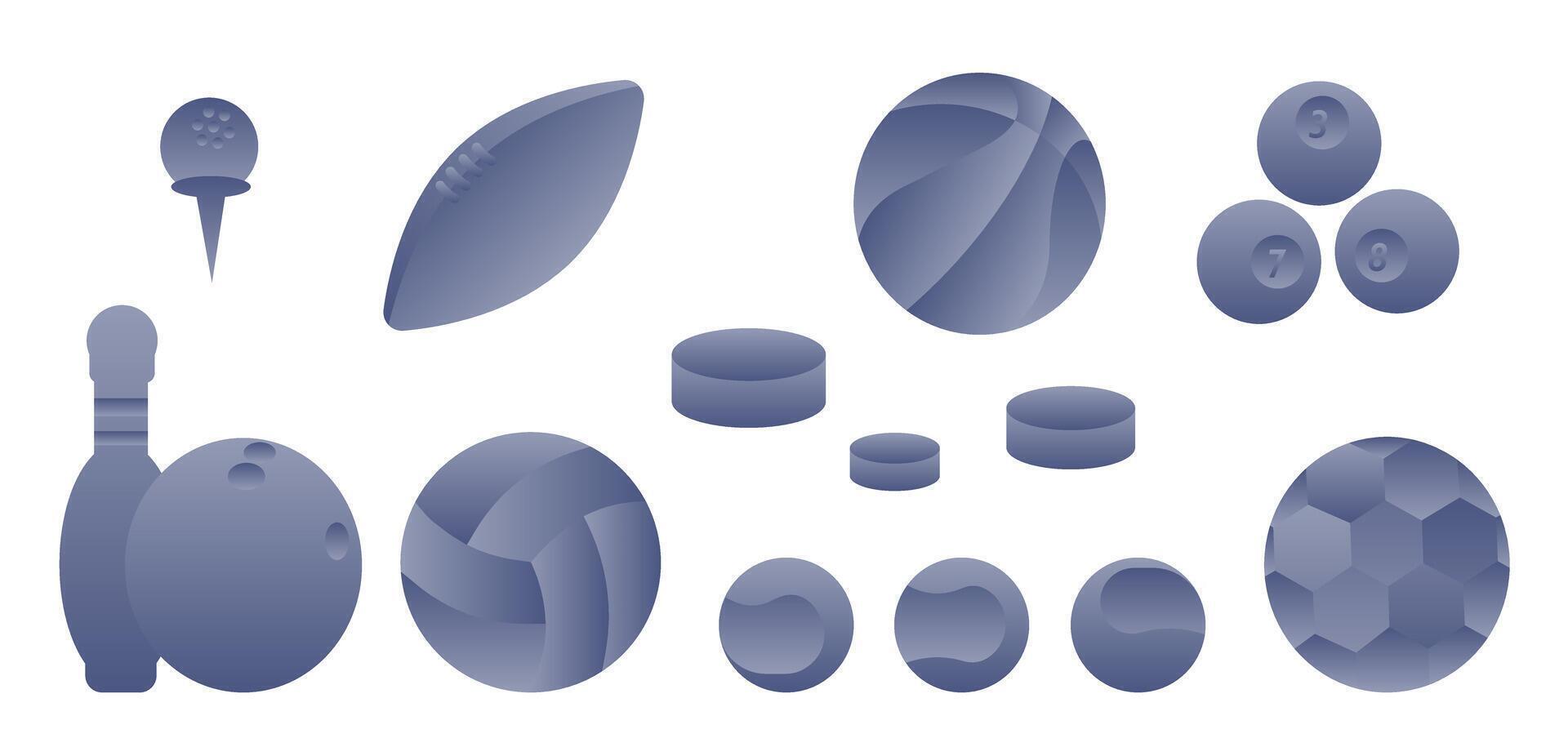 A set of sports items in a light blue gradient. Sports equipment. Mobile recreation and leisure. vector