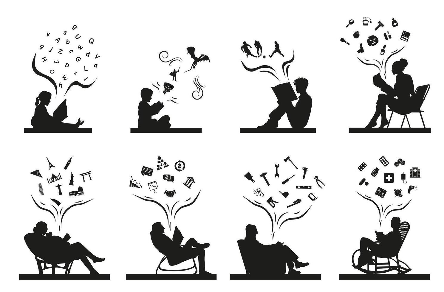 Collection of silhouettes from small to old reading a book. The book is accessible to everyone. vector