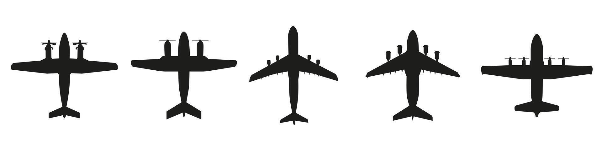 Set of American military transport aircraft. Dark silhouettes. vector