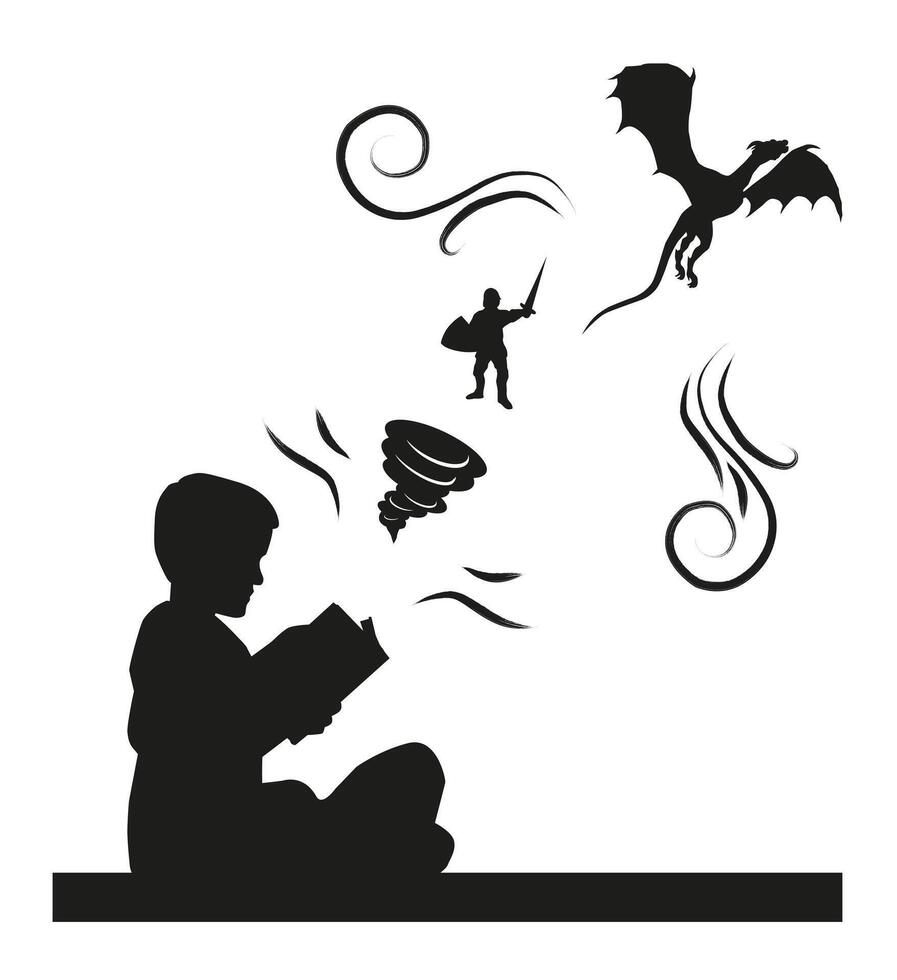 Silhouette of a boy reading fairy tales and fantasy. Graphics. vector