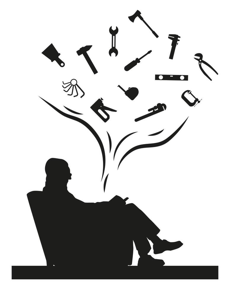 Silhouette of a man reading about work, tools. Graphics. vector