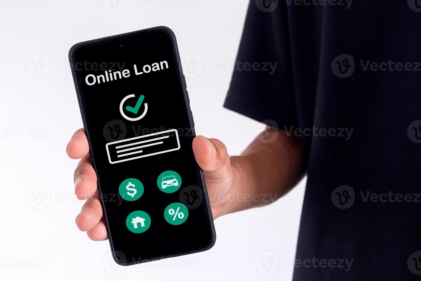 Man holding a smartphone with online loan application on screen. Financial lending by mobile application. photo