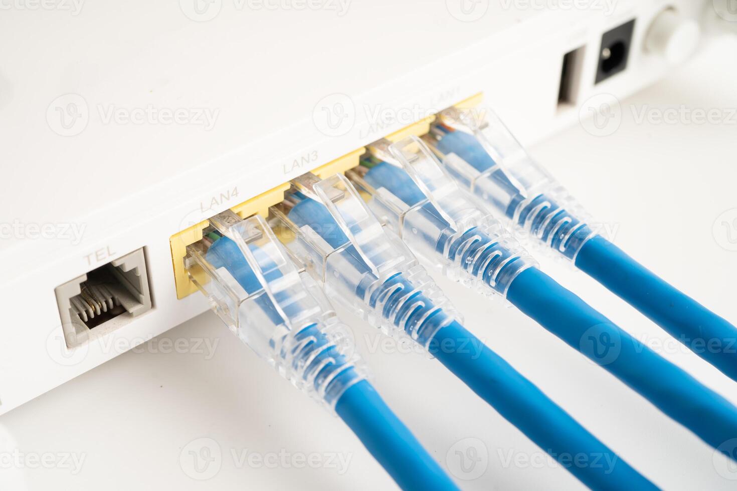 Ethernet cable with wireless router connect to internet service provider internet network. photo