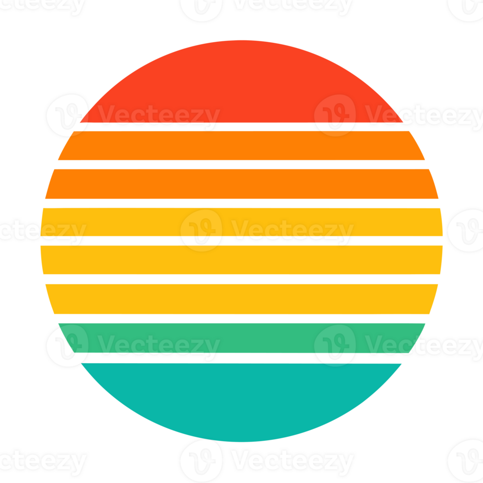 A circular design with horizontal stripes of orange, yellow, and teal retro color palette reminiscent of a sunset. png