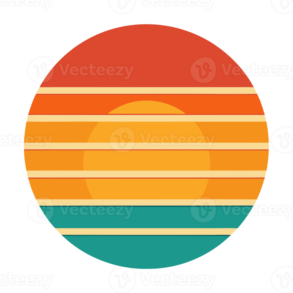 A circular design with horizontal stripes of orange, yellow, and teal retro color palette reminiscent of a sunset. png