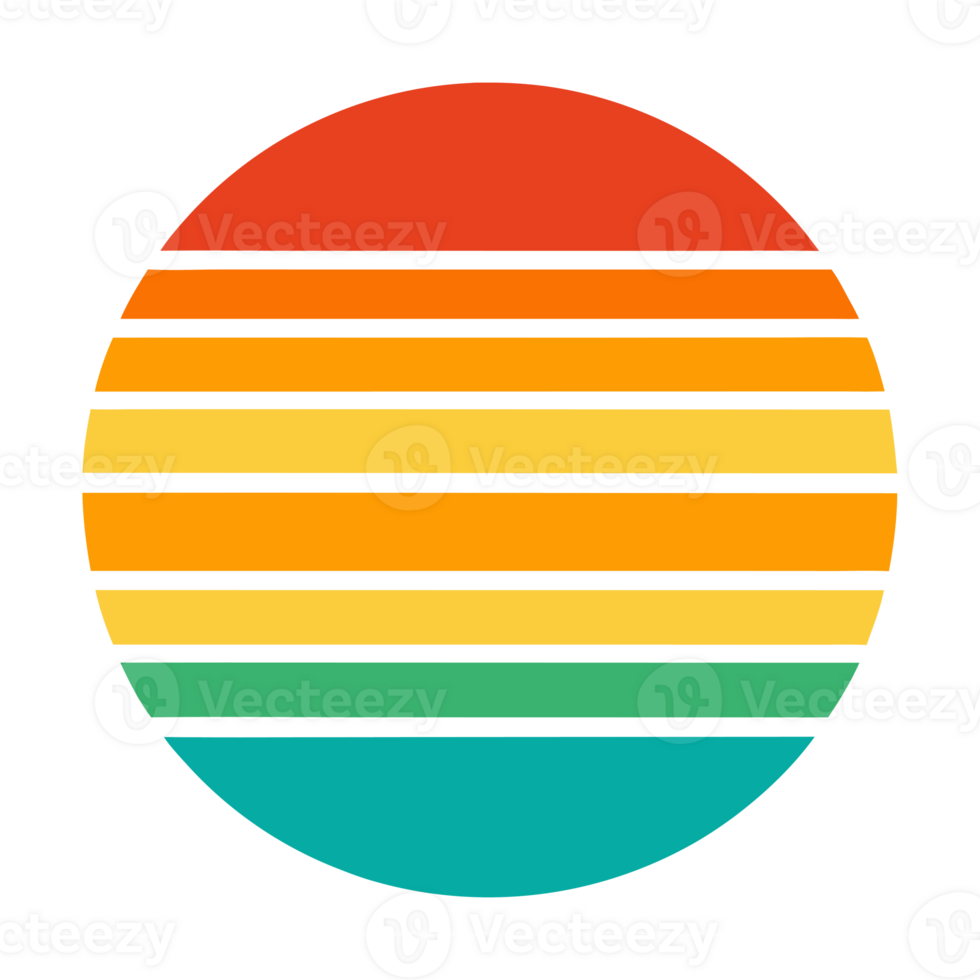A circular design with horizontal stripes of orange, yellow, and teal retro color palette reminiscent of a sunset. png