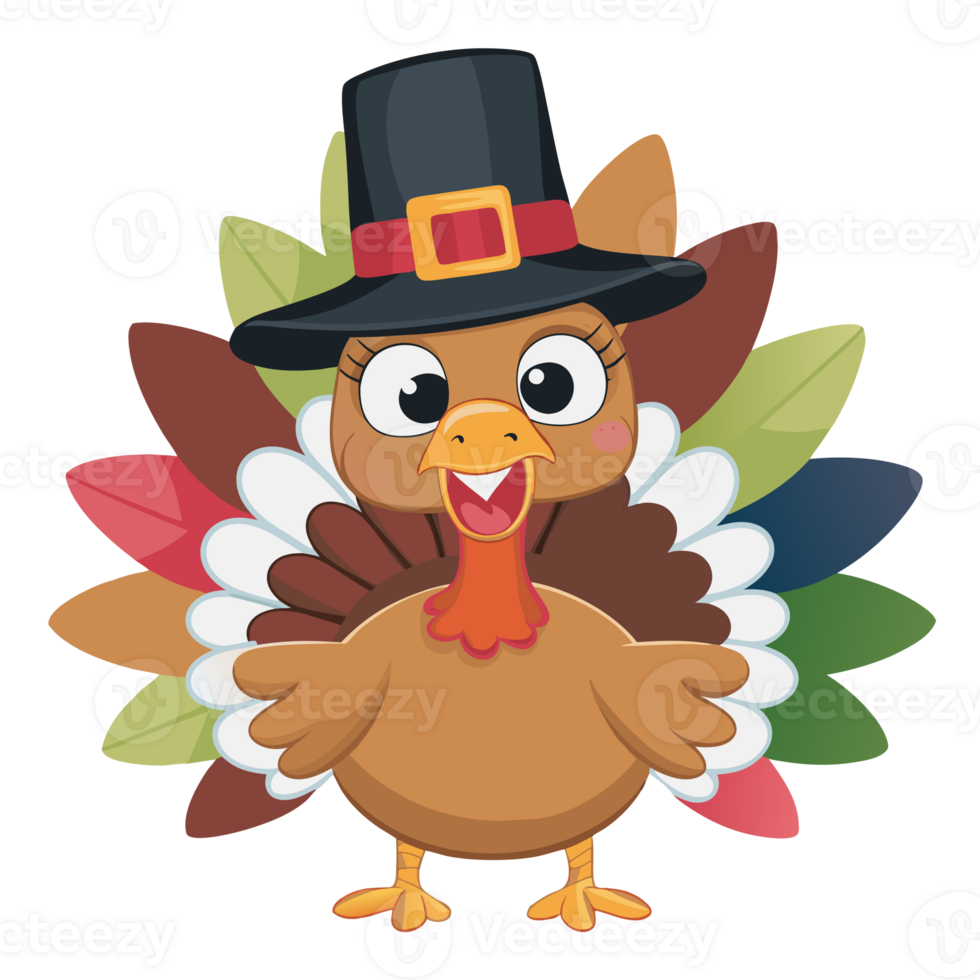 A cartoon turkey is adorned with a black pilgrim hat and colorful feathers png