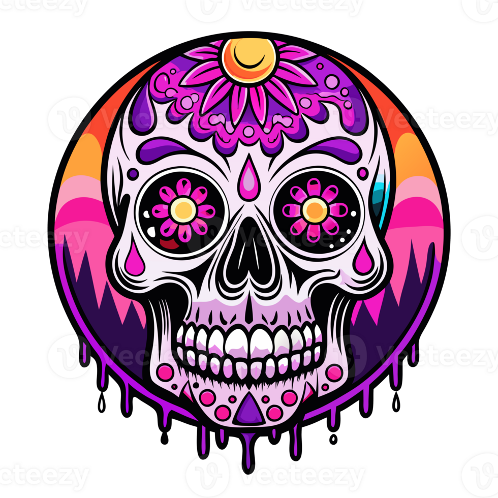 A sugar skull is decorated with intricate floral and geometric patterns in a range of bright colors png