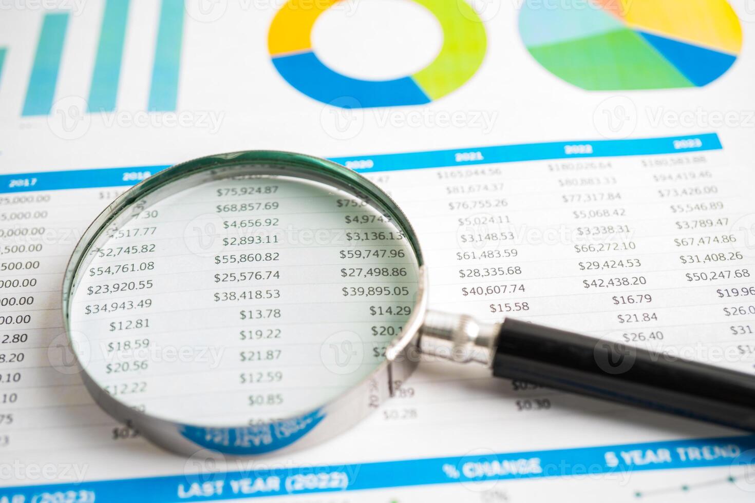 Magnifying glass on spreadsheet and graph paper. Financial development, Banking Account, Statistic, Investment Analytic research data economy, Business. photo