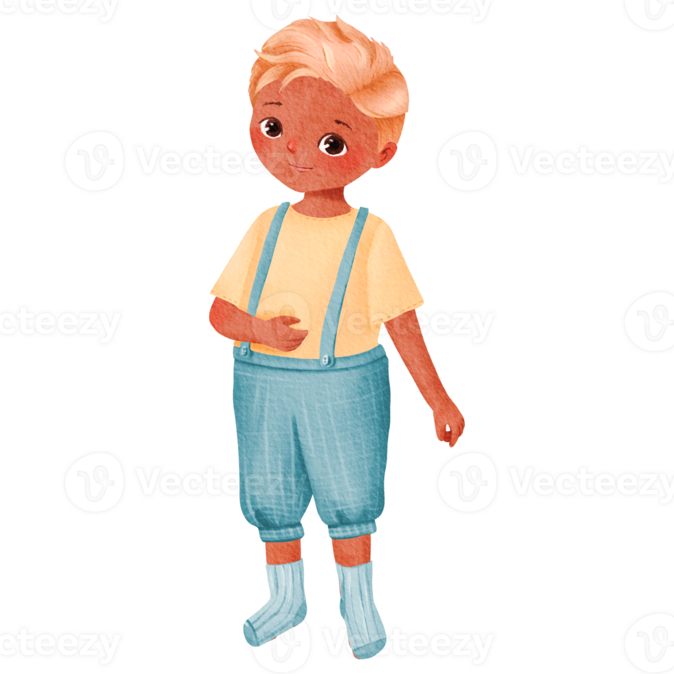 A cheerful cartoon of a cute young boy in a colorful outfit, showing his playful nature png