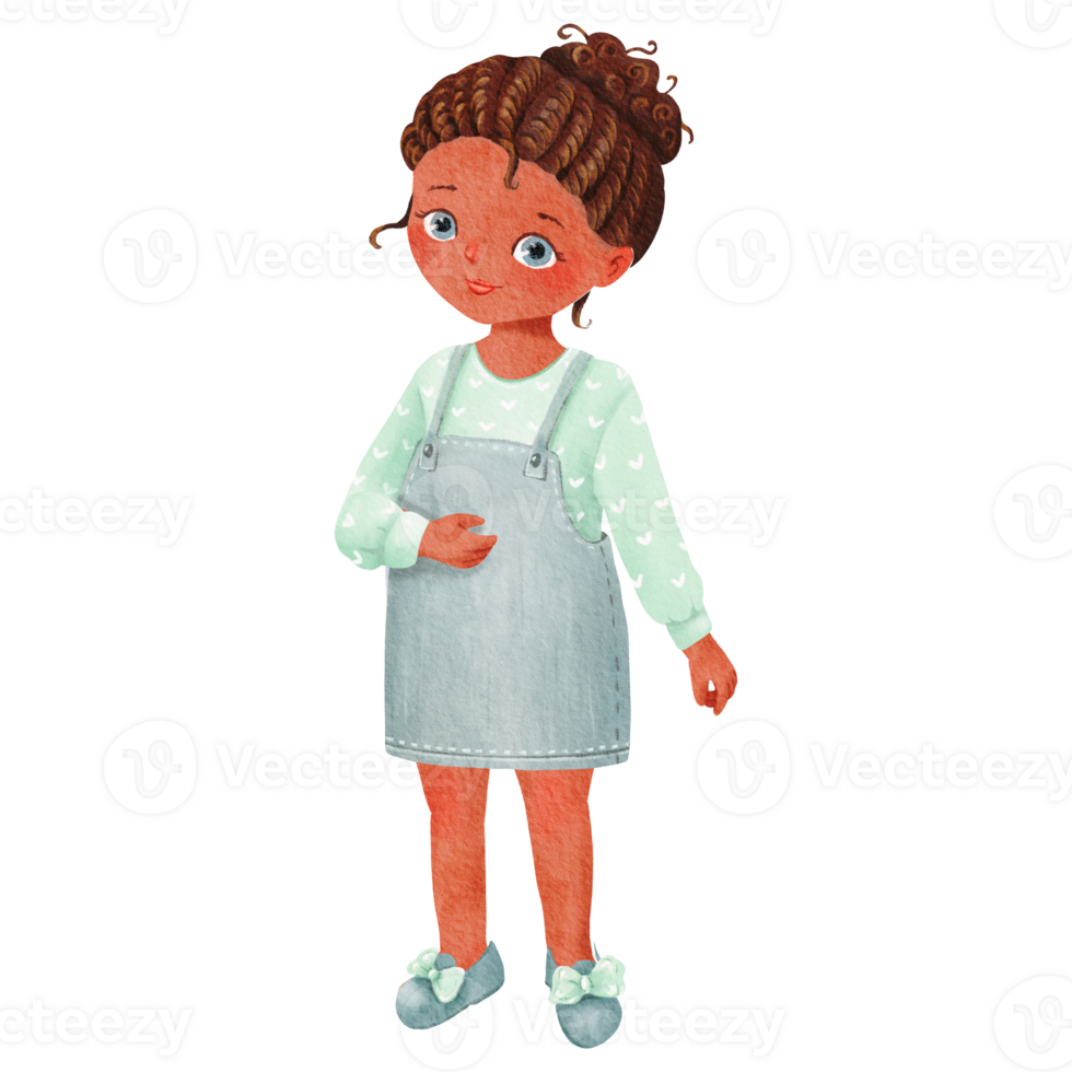 This illustration features a charming young girl in a denim dress and cute bun hairstyle png