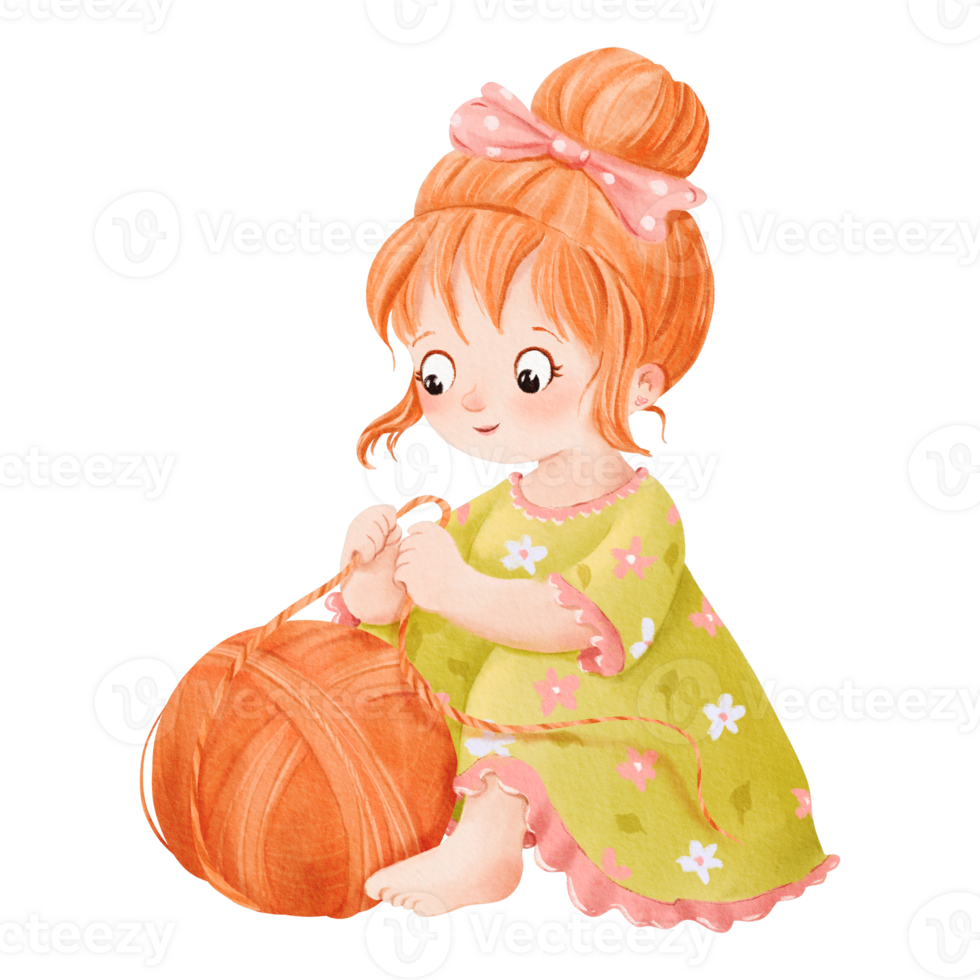A watercolor illustration featuring a small red-haired girl happily playing with yarn skeins. Ideal for children's book illustrations, crafting blogs, lifestyle designs, or educational materials png