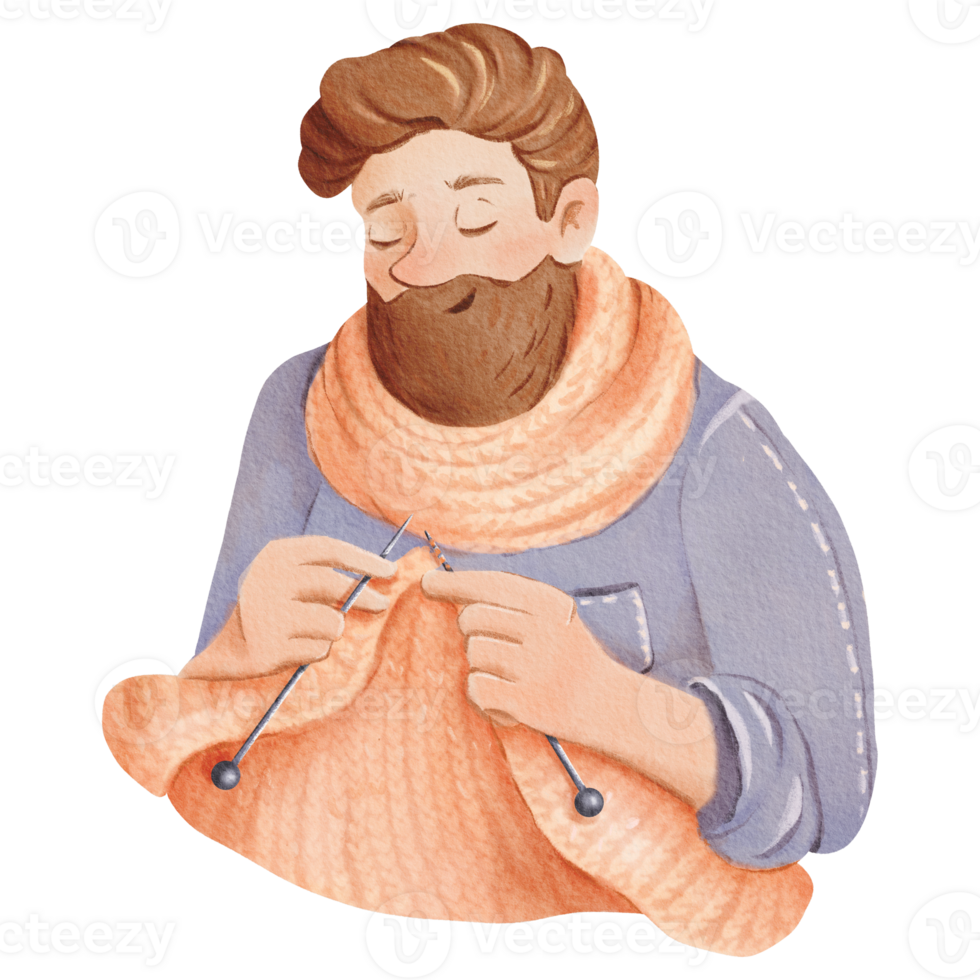A hipster man knitting on needles. Isolated watercolor character with stylish haircut and neat beard. Ideal for crafting enthusiasts, knitting blogs, or DIY-themed designs png