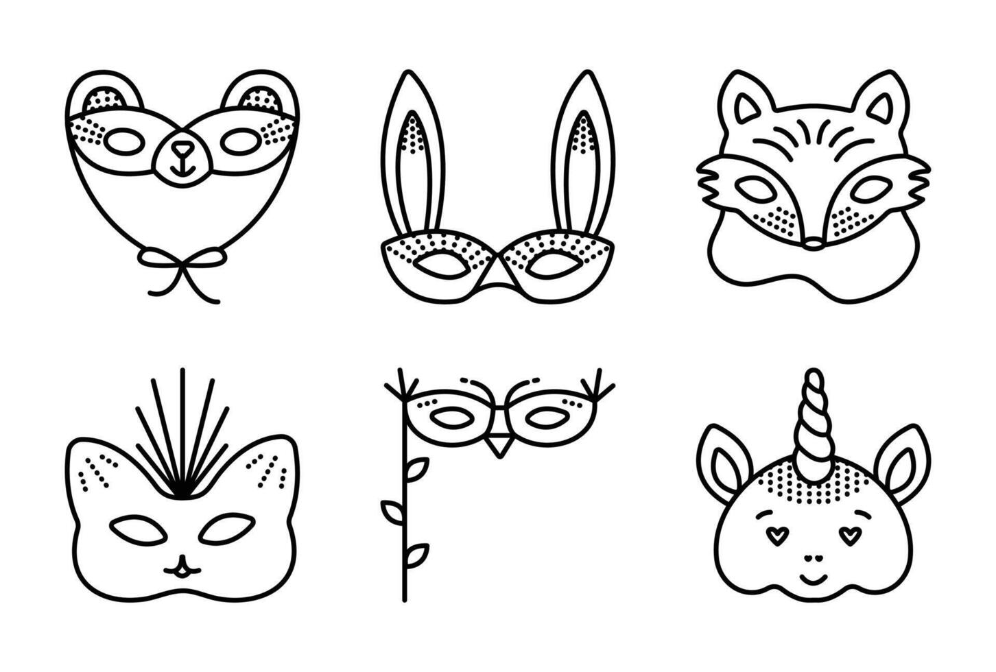 Animals masquerade masks, black line fauna icon set, 6 monochrome signs vector