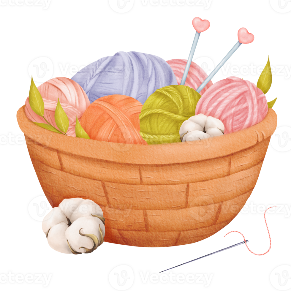 A cozy composition ideal for crafting scenes, featuring a woven basket filled with colorful yarn balls a sewing needle and knitting needles. The cotton flower and greenery. Watercolor illustration png