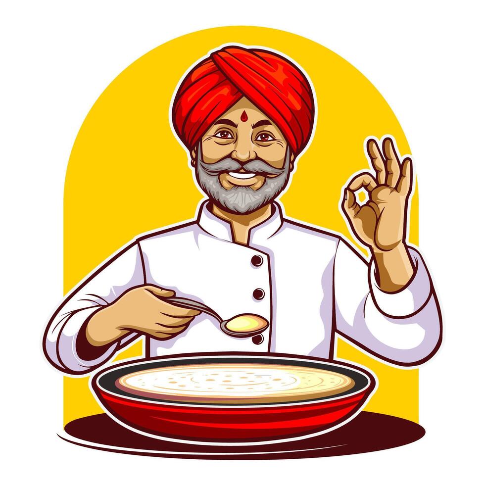 Indian chef makes typical Indian dishes vector
