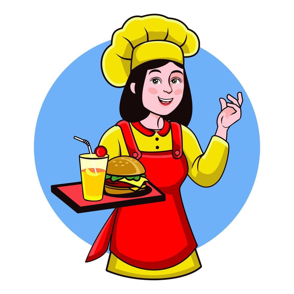 A waitress is serving food orders vector