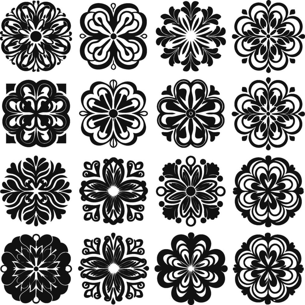 Elegant Floral Ornament, black and white set of flower silhouette ornaments vector