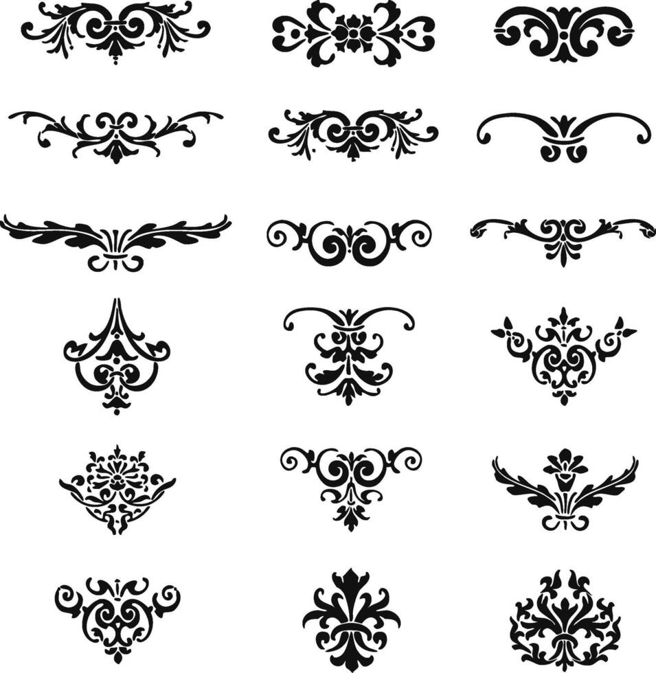 Elegant Floral Ornament, black and white set of flower silhouette ornaments vector