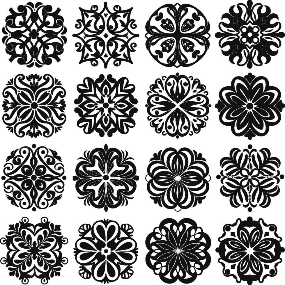 Elegant Floral Ornament, black and white set of flower silhouette ornaments vector