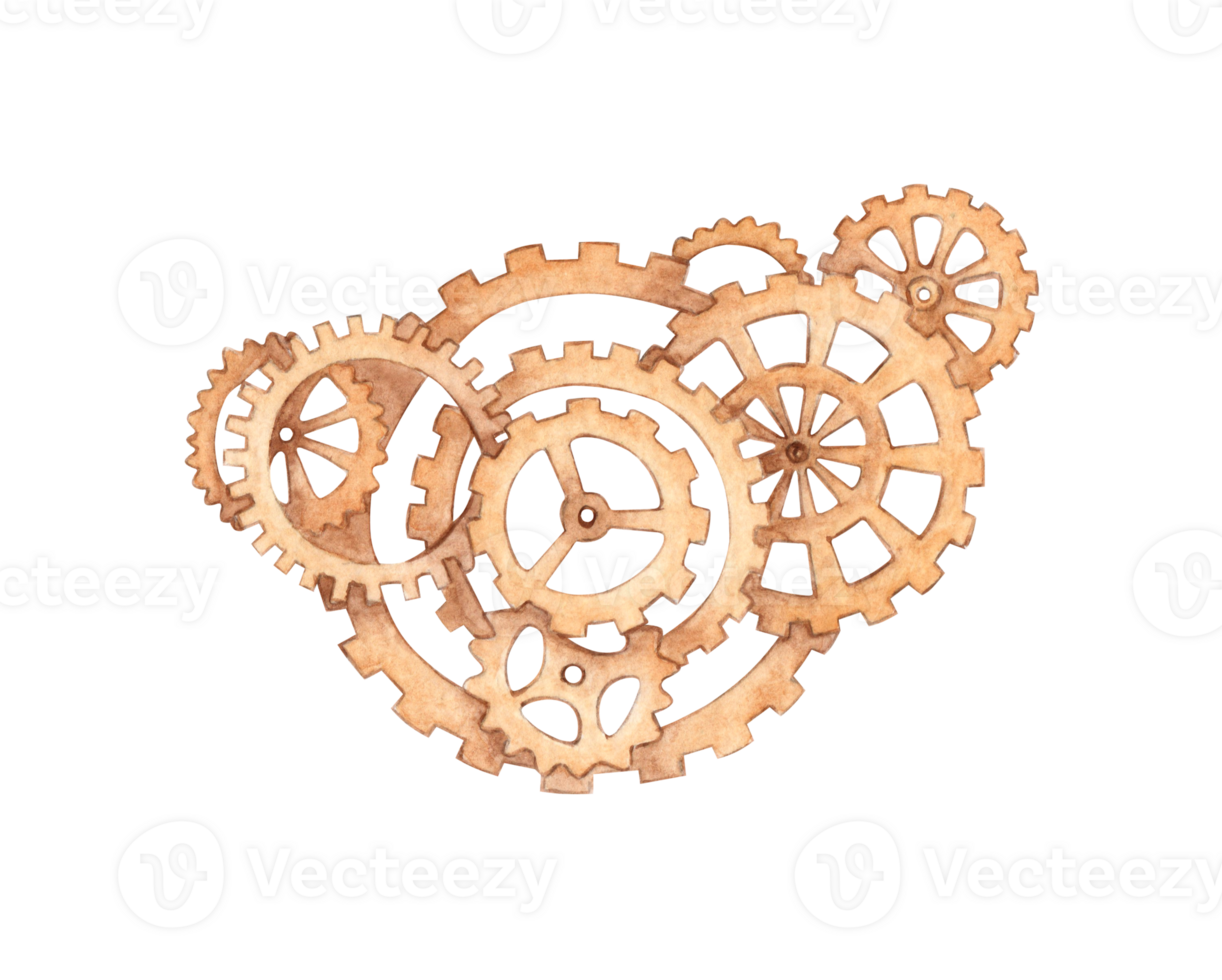Metal composition in steampunk style from gears, nuts, watercolor illustrations. Mechanical souvenir in techno style. Ideal for cards, covers, posters, packaging, advertising. png