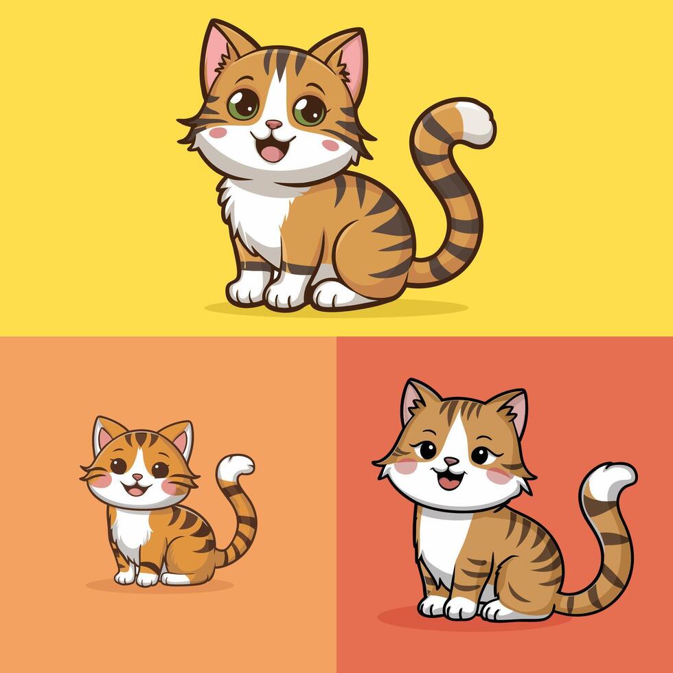 3 Set Of Cute Cat Cartoon Style Sticker Design. cute animal cartoon art design. Cute cats sticker pack vector