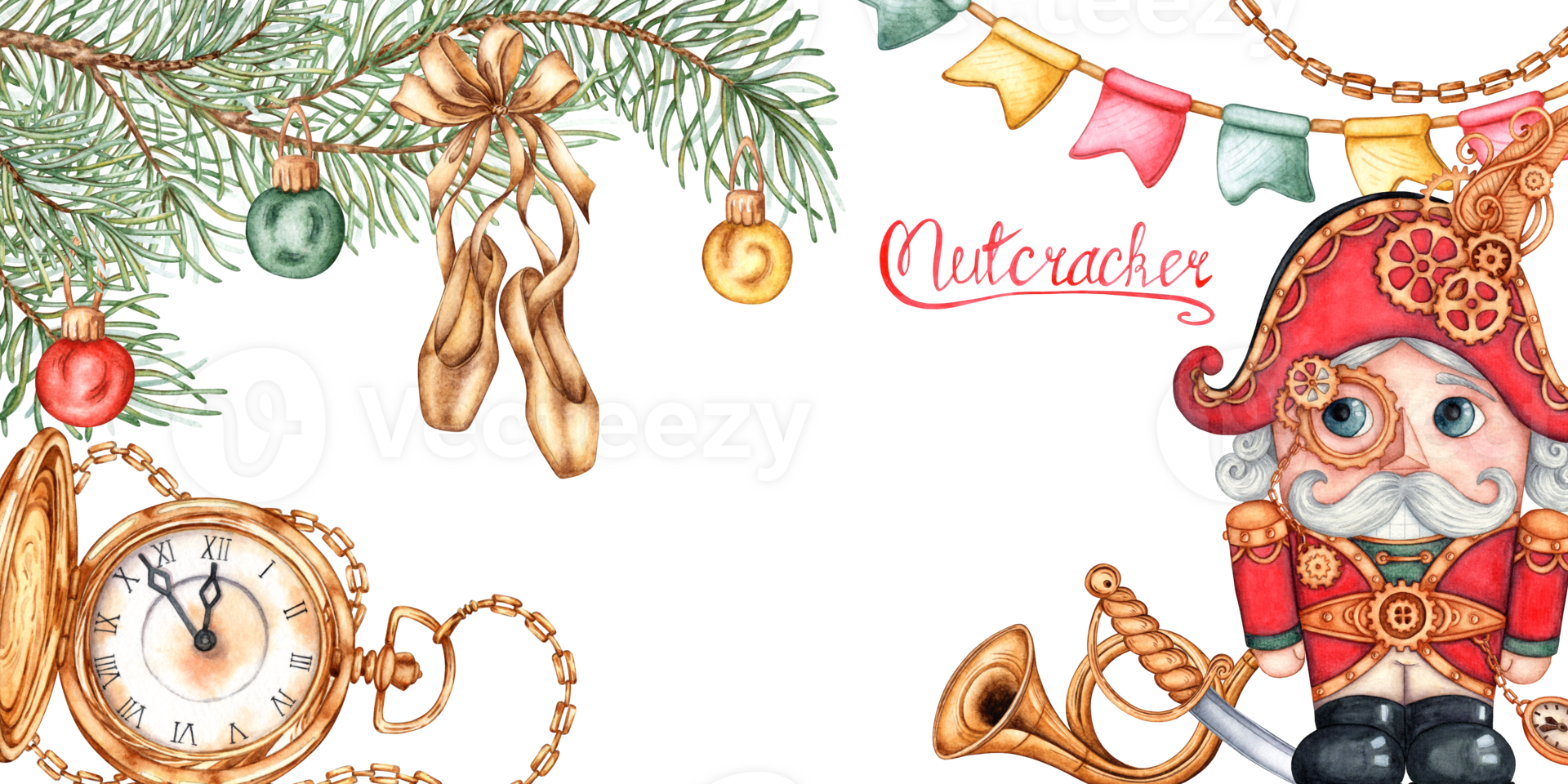 Nutcracker in steampunk style with fir branches and gold clock, watercolor illustration. A figurine of a man with a large head and a smiling face cracking nuts. Banner isolated from the background. png