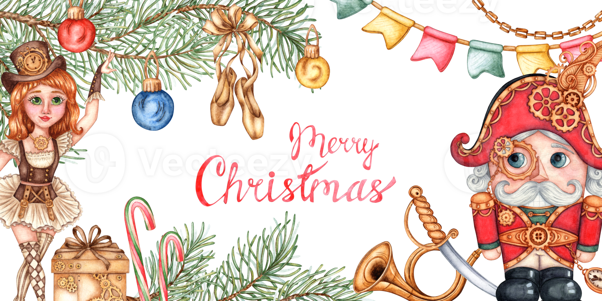 Nutcracker, steampunk style ballerina with fir branches, Merry Christmas watercolor illustration. A figurine of a man with a large head and a smiling face cracking nuts. Isolated composition png