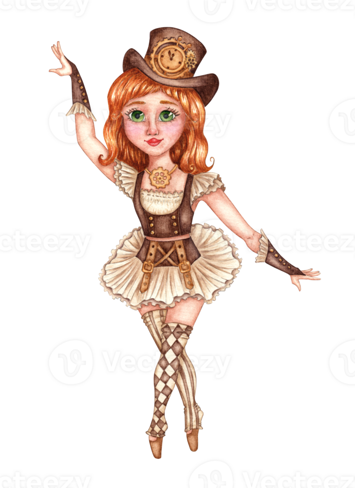 Girl ballerina in the steampunk fairy tale The Nutcracker watercolor illustration. Dancer in a brown tutu, hat and stockings in steampunk style. Isolated composition for posters, cards png