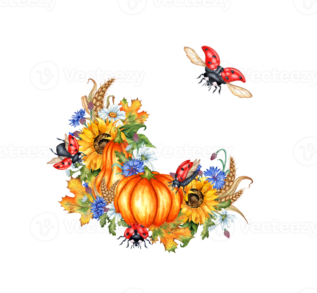 Pumpkins, sunflowers, daisies, cornflower, wheat, autumn leaves and ladybugs wreath watercolor illustration. Symbol of Thanksgiving or Halloween. Autumn season decoration isolated from background. png