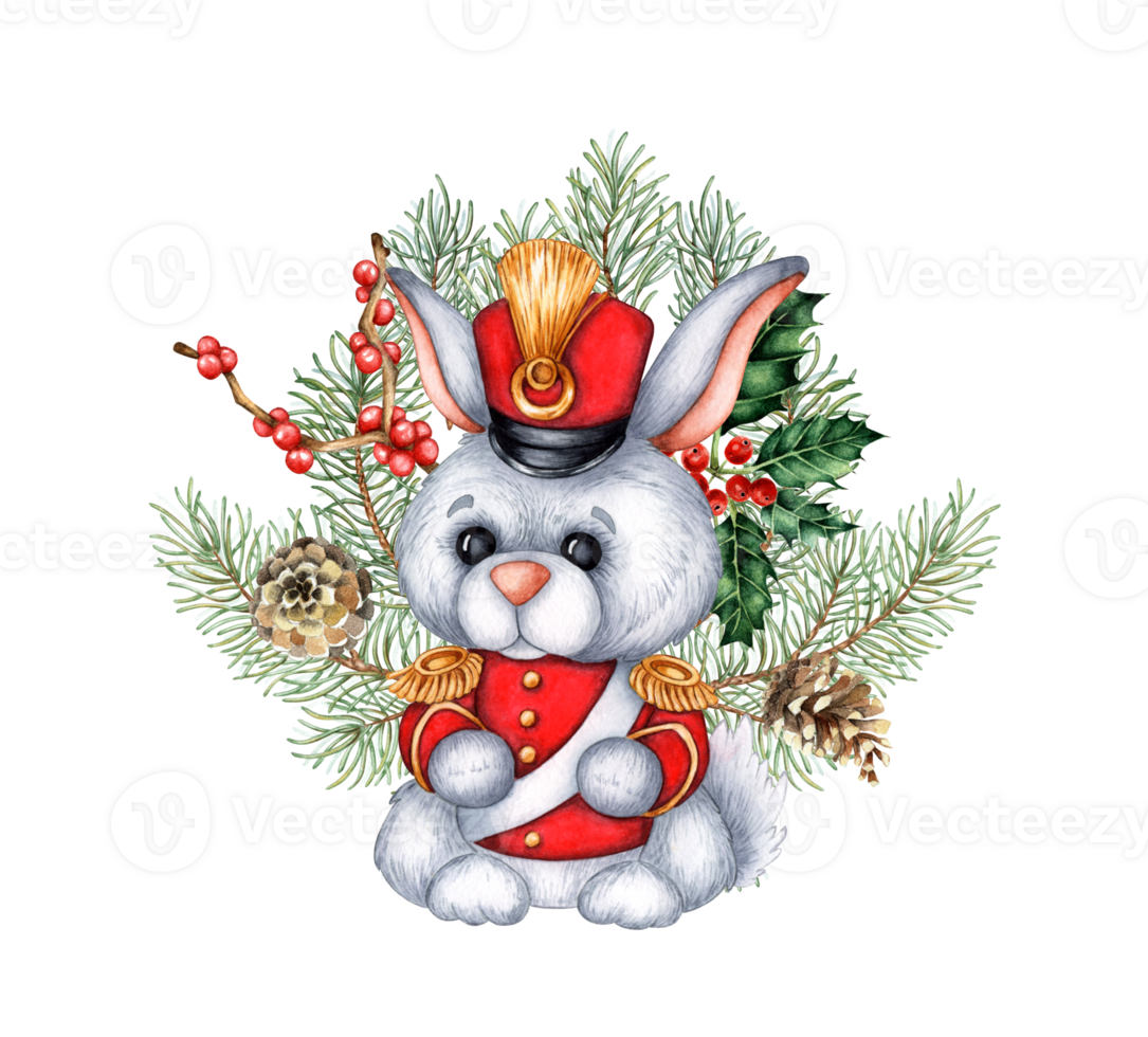 Military rabbit hussar in red dress uniform with fir branches, pine cones, holly and red berry watercolor illustration. Toy soldier, fairytale nutcracker, isolated from background. For decoration png