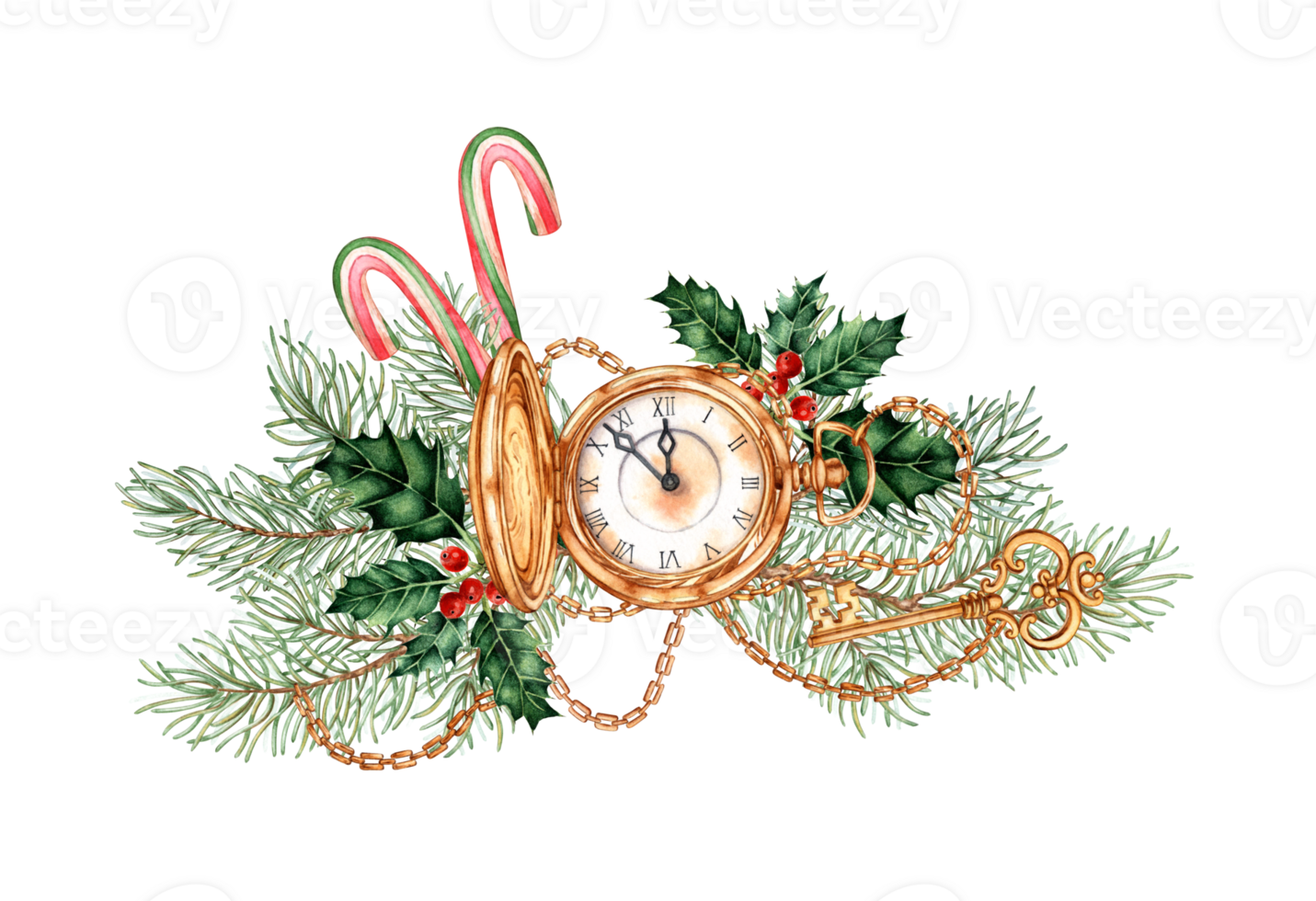 Gold pocket watch with open cover and elegant chain with fir branches, holly, caramel and key watercolor illustration. Vintage style, Roman numerals on the dial. Isolated from the background. png