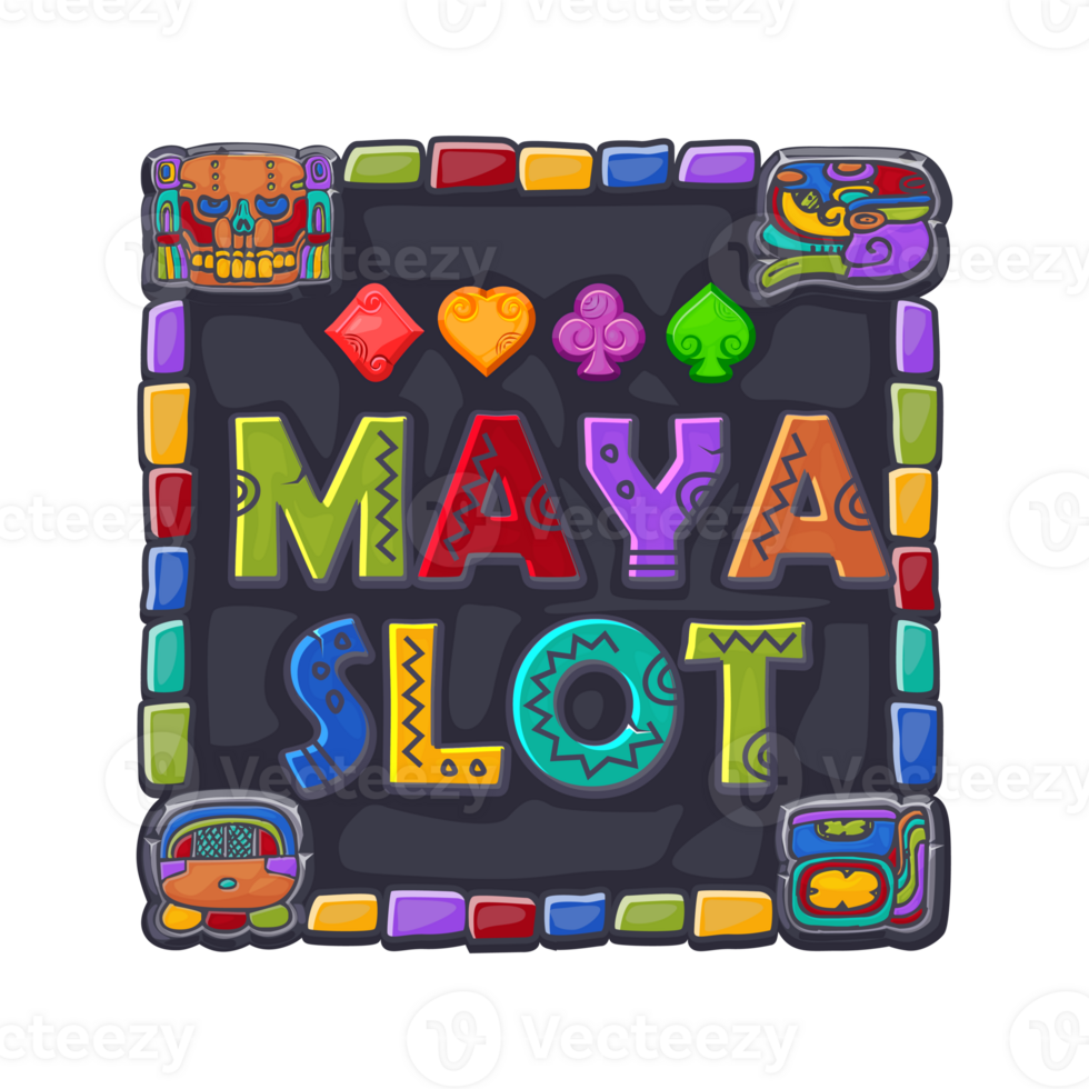 Game icon for Maya slot. Cartoon Maya tribal symbols. Ancient granite frame design element. APP icon with playing card suit symbols png