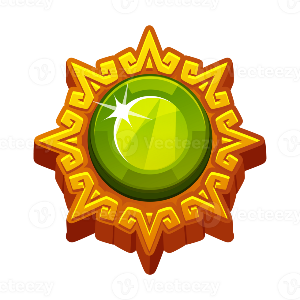 Aztec solar disk with a green round gemstone for your games or slots. Maya golden frame. Sun symbol, and diadem, representing the Aztec sun. png