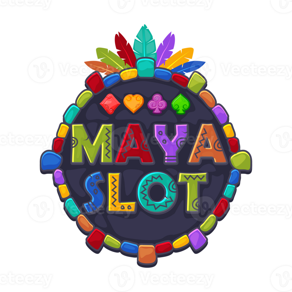 Game icon for Maya slot. Cartoon Maya tribal symbols. Ancient granite frame design element. APP icon with playing card suit symbols and feathers. png