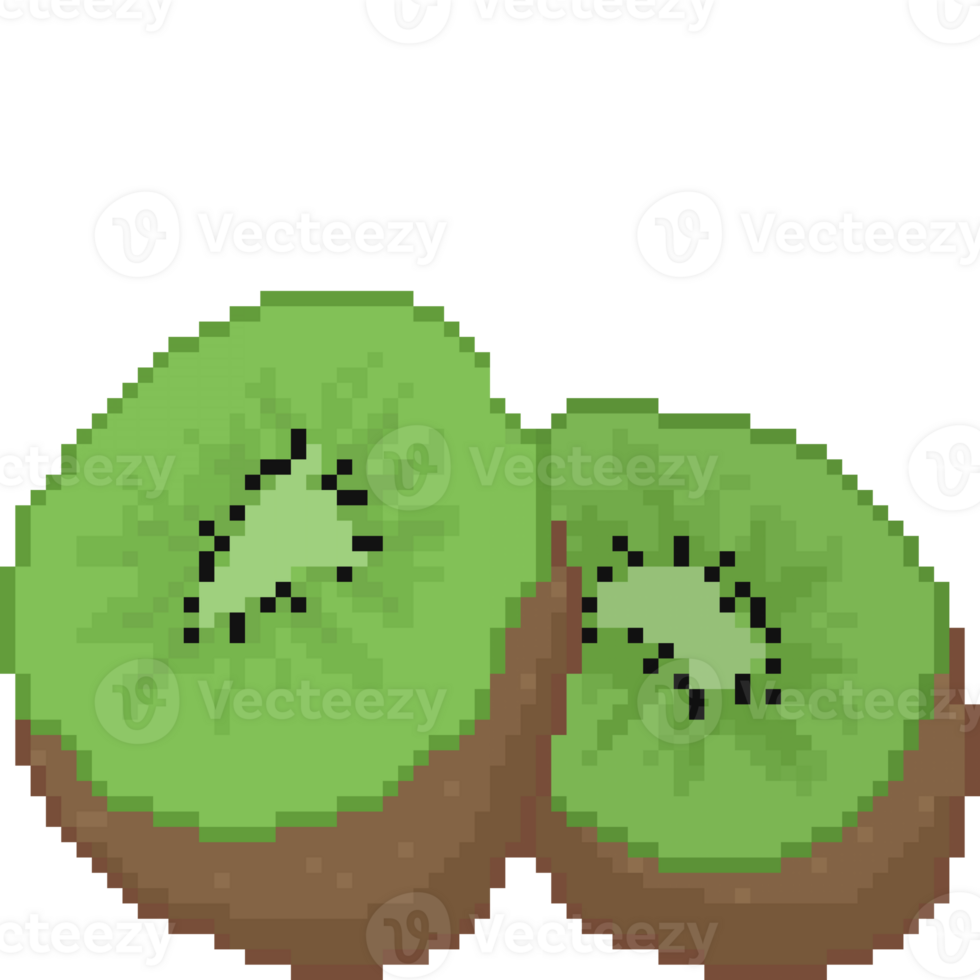 A retro-styled pixel-art illustration of a fresh green kiwi. png