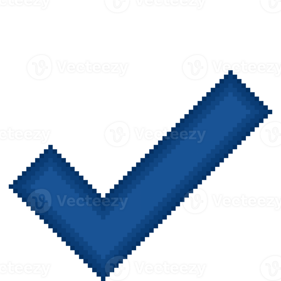 A retro-styled pixel-art illustration of a blue checkmark. png
