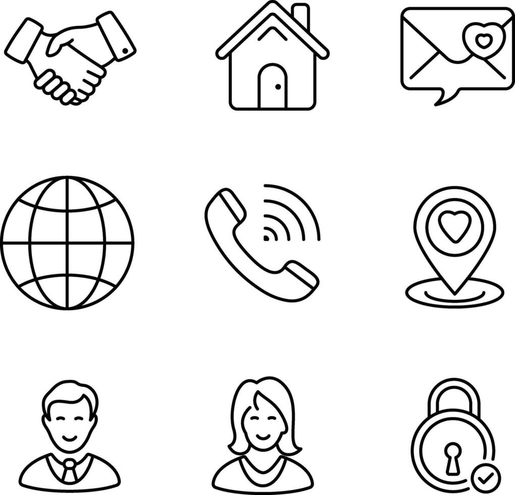 icon set hand shake home message world telephone location man female user lock icon vector