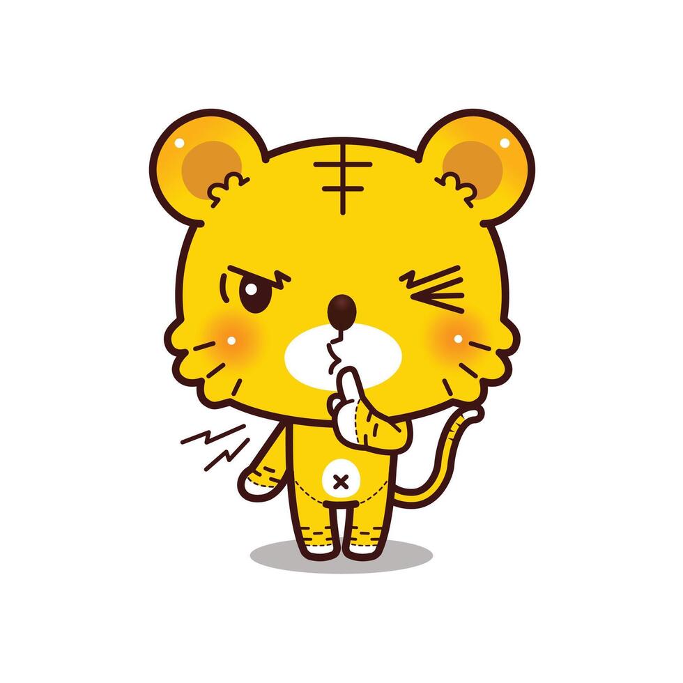 Hush. Little Tiger asking for silence or secrecy with finger on lips shhh hand gesture. Kawaii cartoon style vector