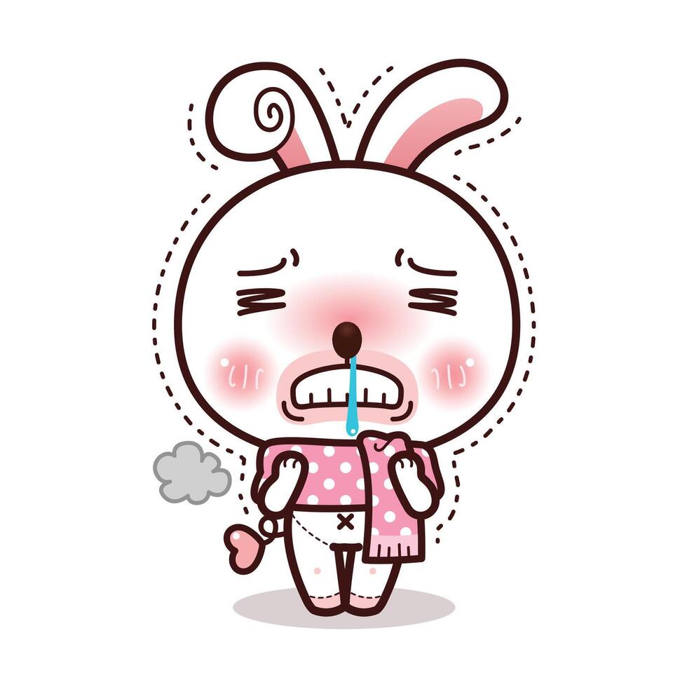 Little Rabbit Feeling Cold Trembling. Kawaii Cartoon Style vector